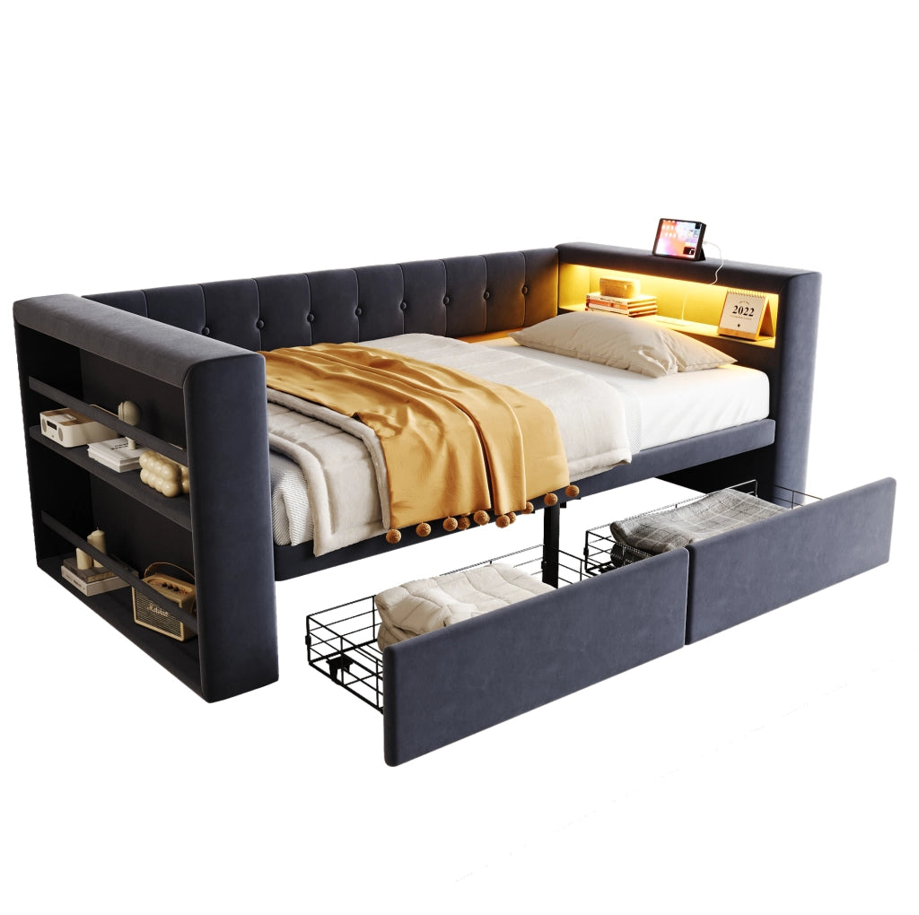 Letto singolo multifunzione 90x190 cm grigio scuro con LED, presa e cassetti