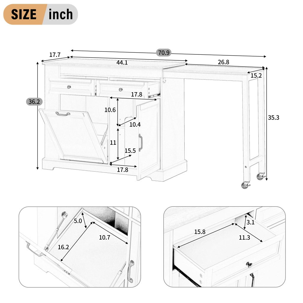 Mobile contenitore cucina con 2 cassetti; vano rifiuti e ripiano - per cucina - in MDF - nero - 112×45×92 cm