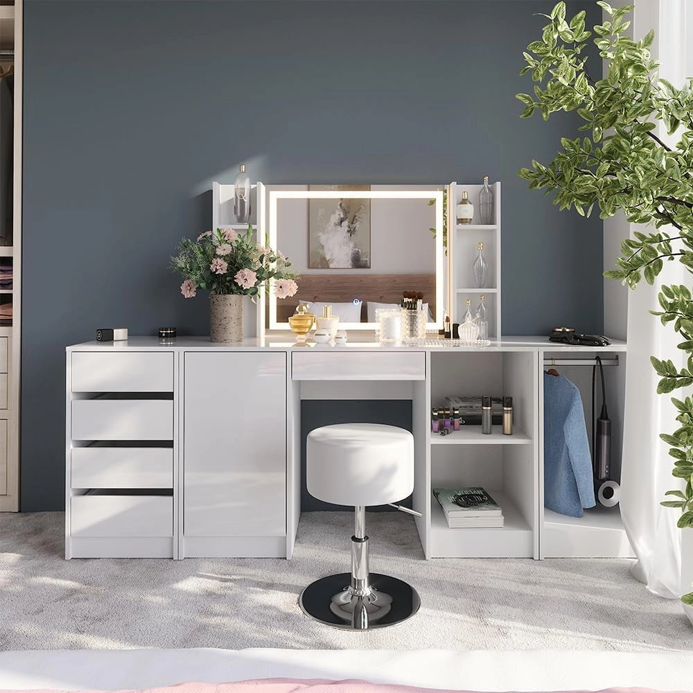 Tavolo da toeletta Sherry, Bianco/bianco lucido, 128.2 cm 4 parti