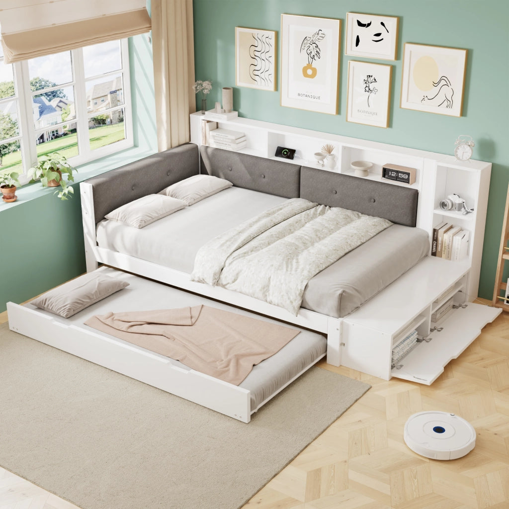 Letto in legno con letto estraibile e scrivania, 120x200+90x190 cm, bianco