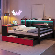 Letto matrimoniale multifunzione 140x200 cm in legno; con scrivania; LED e cassetti; nero e rosso