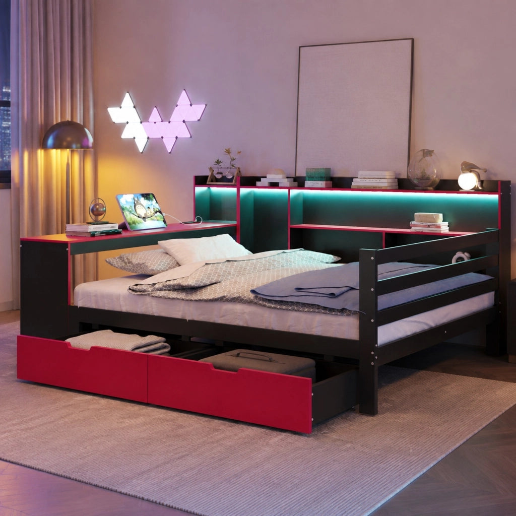 Letto matrimoniale multifunzione 140x200 cm in legno; con scrivania; LED e cassetti; nero e rosso
