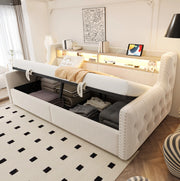 Divano letto imbottito 90x200 cm con vano contenitore e LED beige