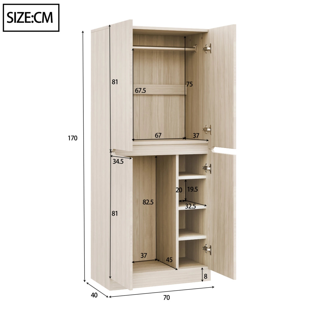 Armadio 2 ante 70x40x170 cm con vano appendiabiti e scomparti; naturale