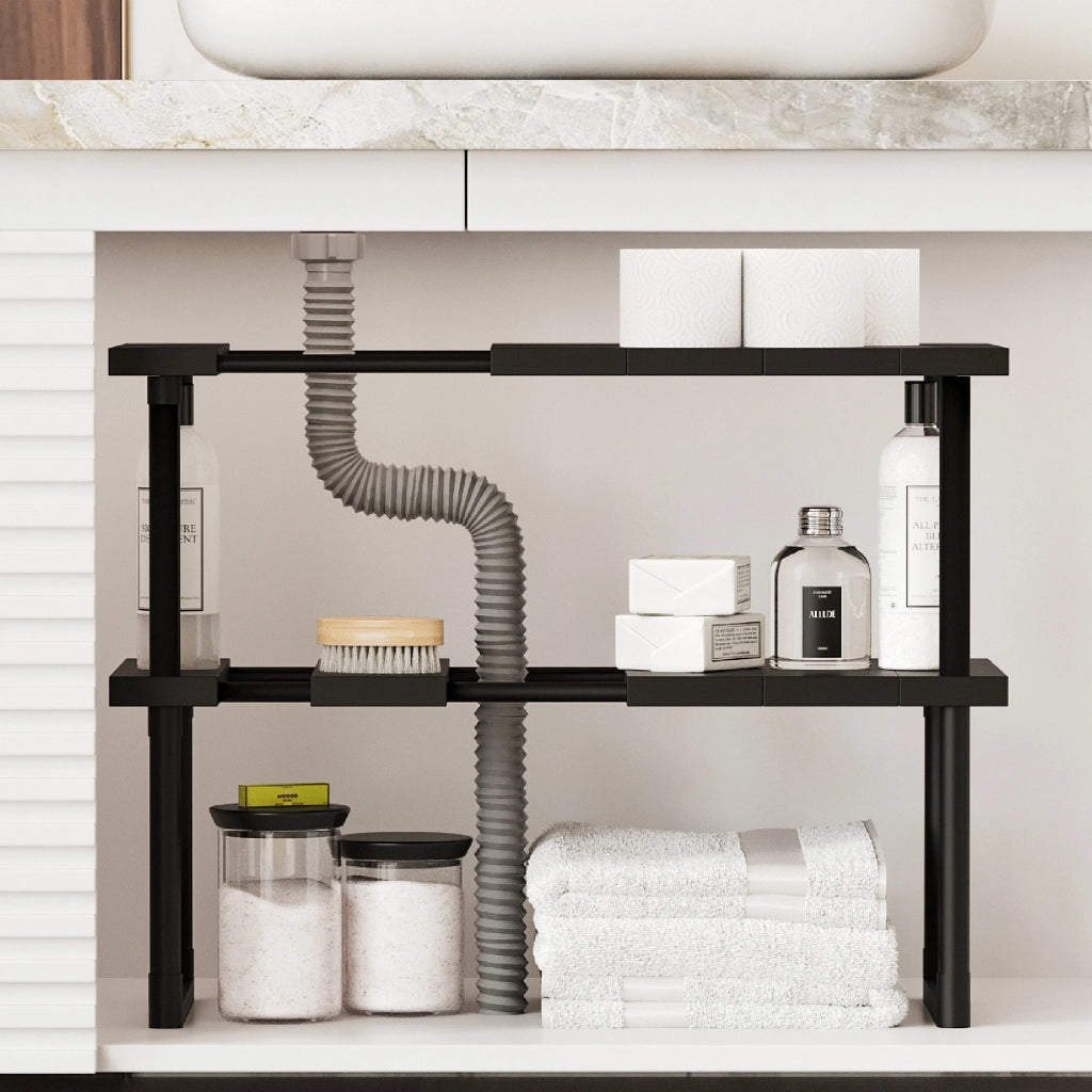 Organizer Sotto Lavello Estensibile Nero Salvaspazio – Ripiano Regolabile per Cucina e Bagno Mobiletto Organizzatore Per Armadi  2 Piani