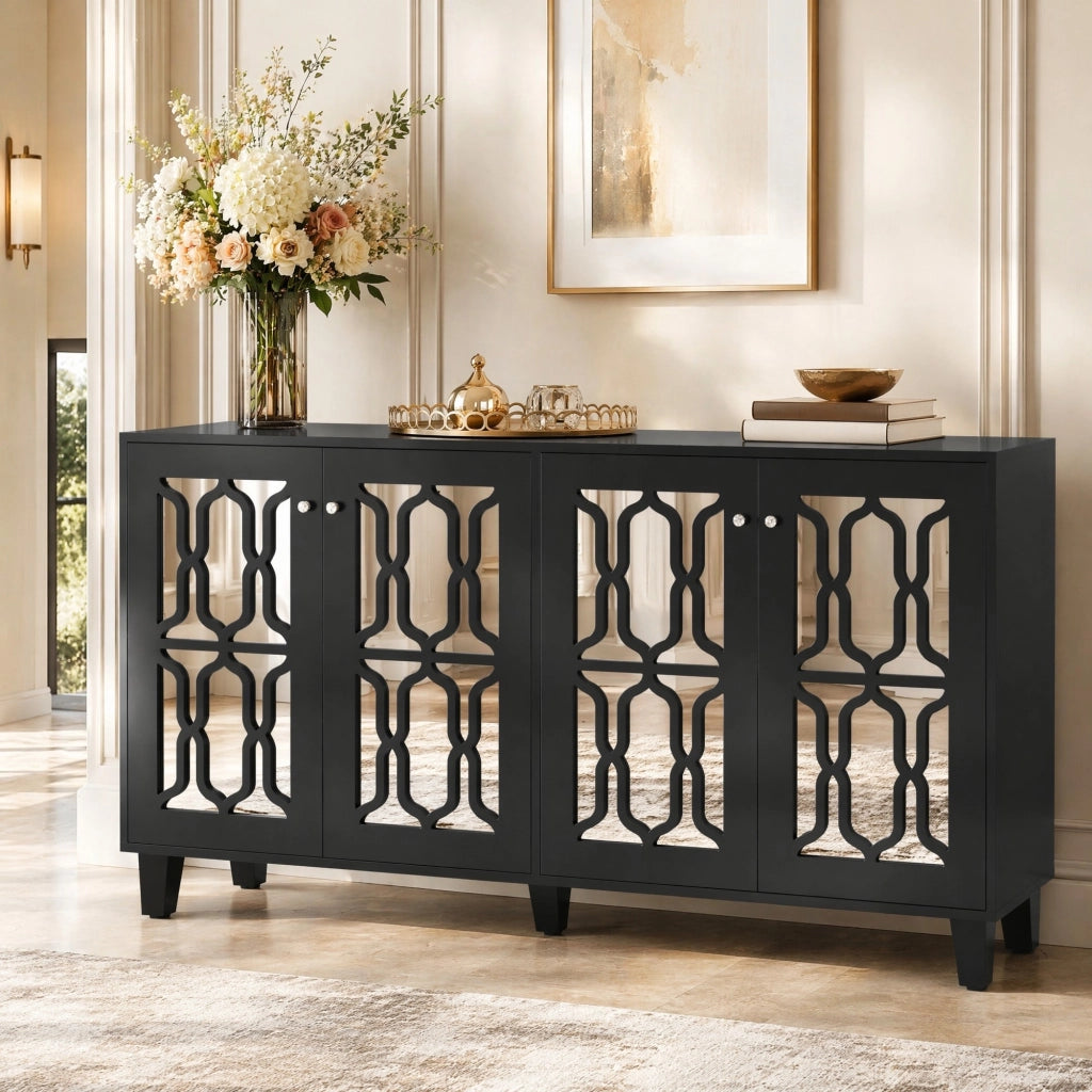 Credenza nera con superficie a specchio; 4 ante e 2 ripiani interni mobili; 160x40x84 cm in MDF