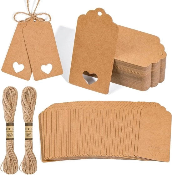 Etichette di cartoncino - 120 pezzi - etichette marroni per matrimoni e fai da te - 45 x 95 cm - con corda di juta - appoggio per regali - 20 metri di corda di juta
