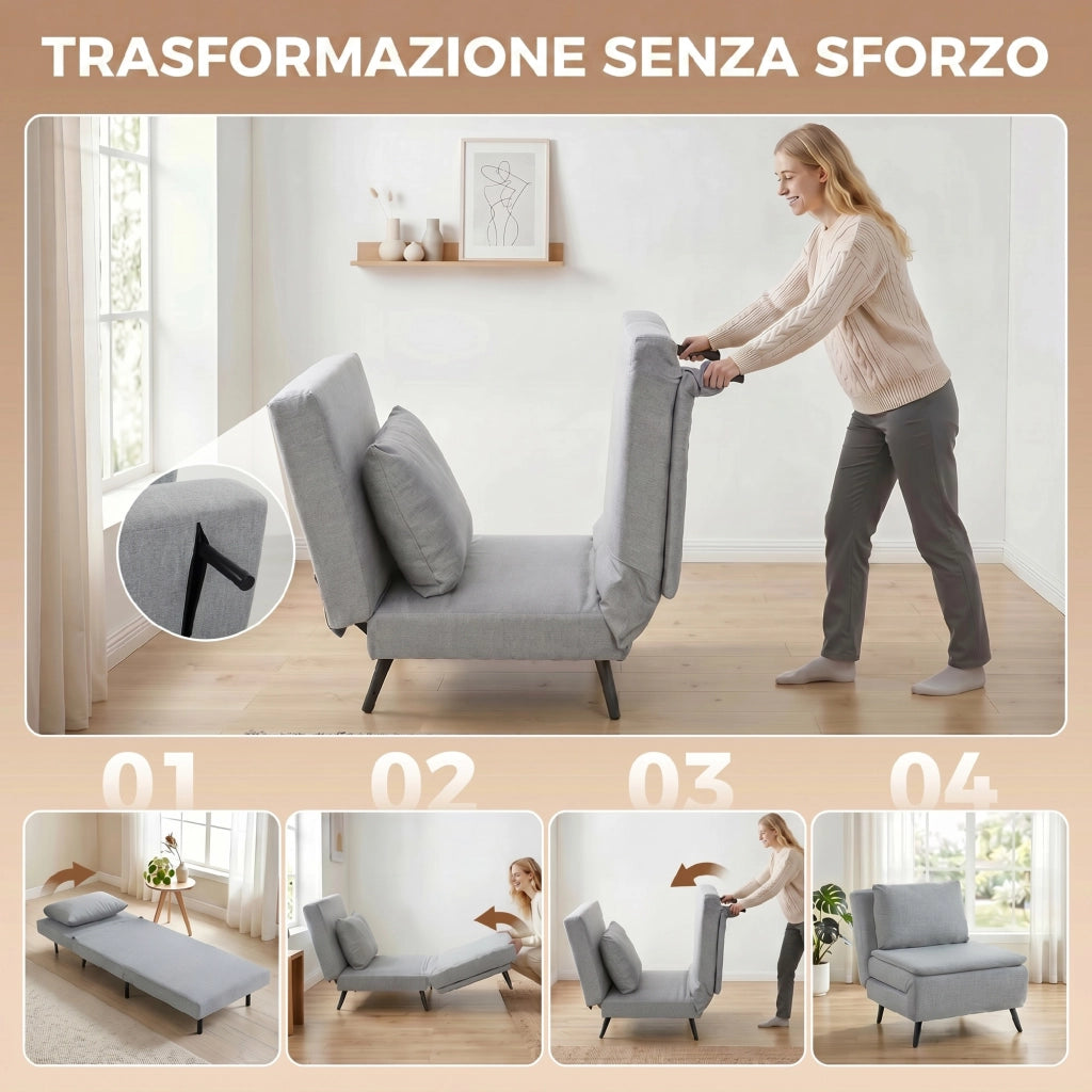 Poltrona Letto 75x88x78 cm con Schienale Regolabile e Cuscino in Tessuto Effetto Lino Grigio Chiaro