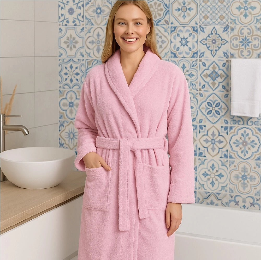 Accappatoio in Micro Spugna con Cappuccio Tasche Uomo Donna M L XL XXL Colore: Rosa, Misura: L