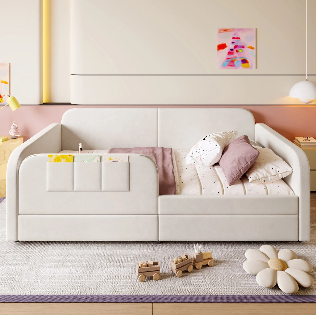 Letto singolo imbottito 90x200 cm con cassetti, bianco