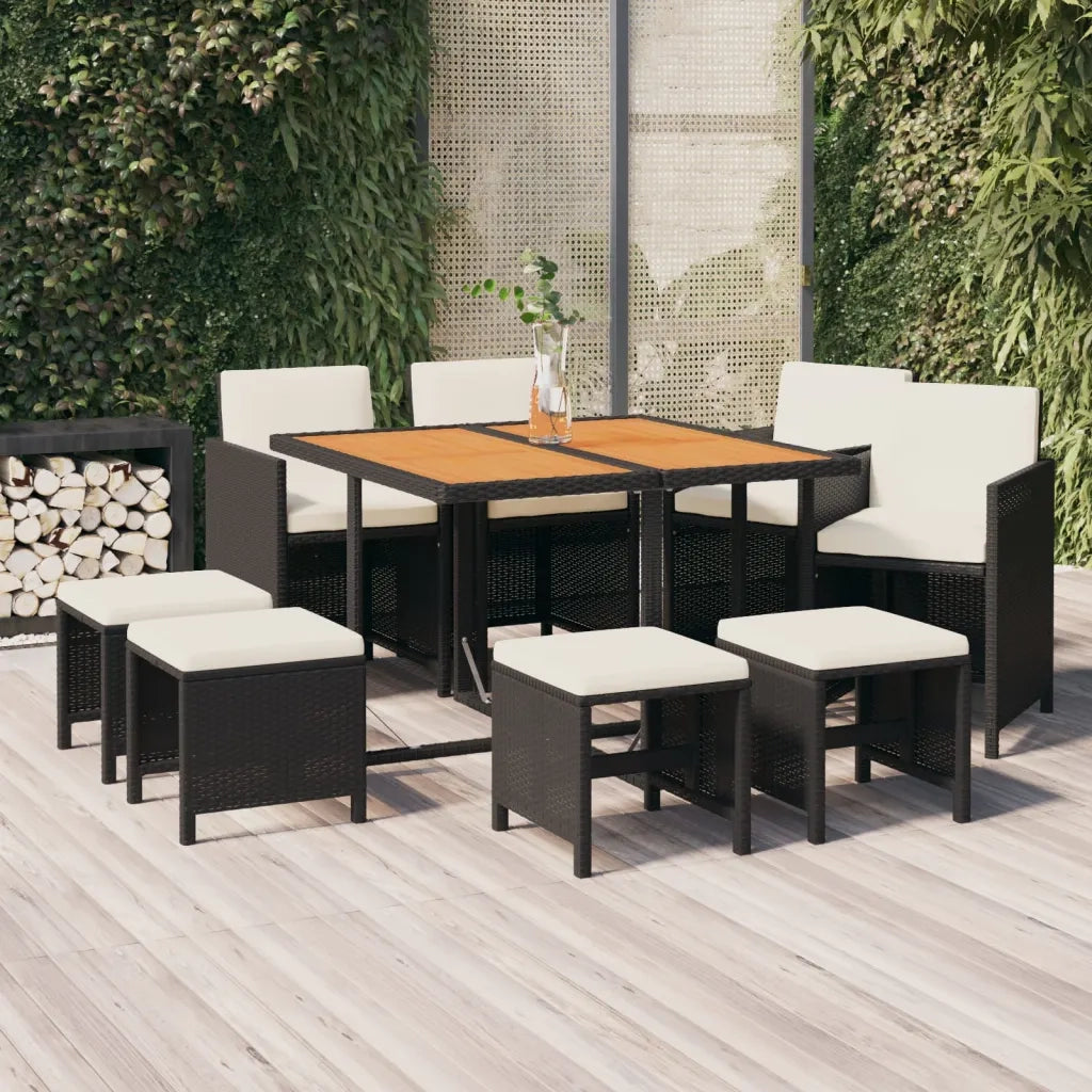Set da Pranzo da Giardino 9 pz | Set Salotto da Giardino con Cuscini Nero in Polyrattan