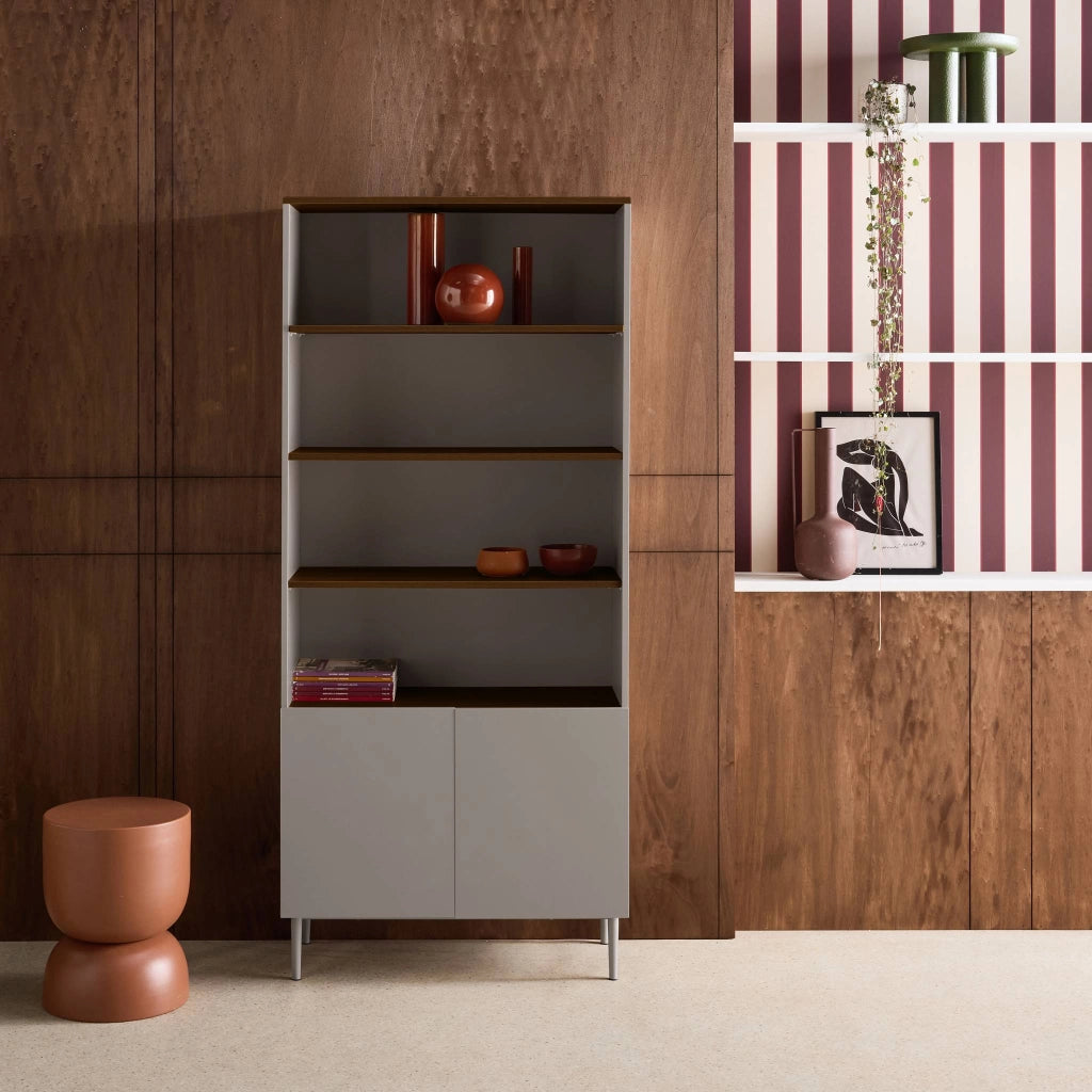 Libreria in metallo e decorazione in legno a 6 livelli, grigio
