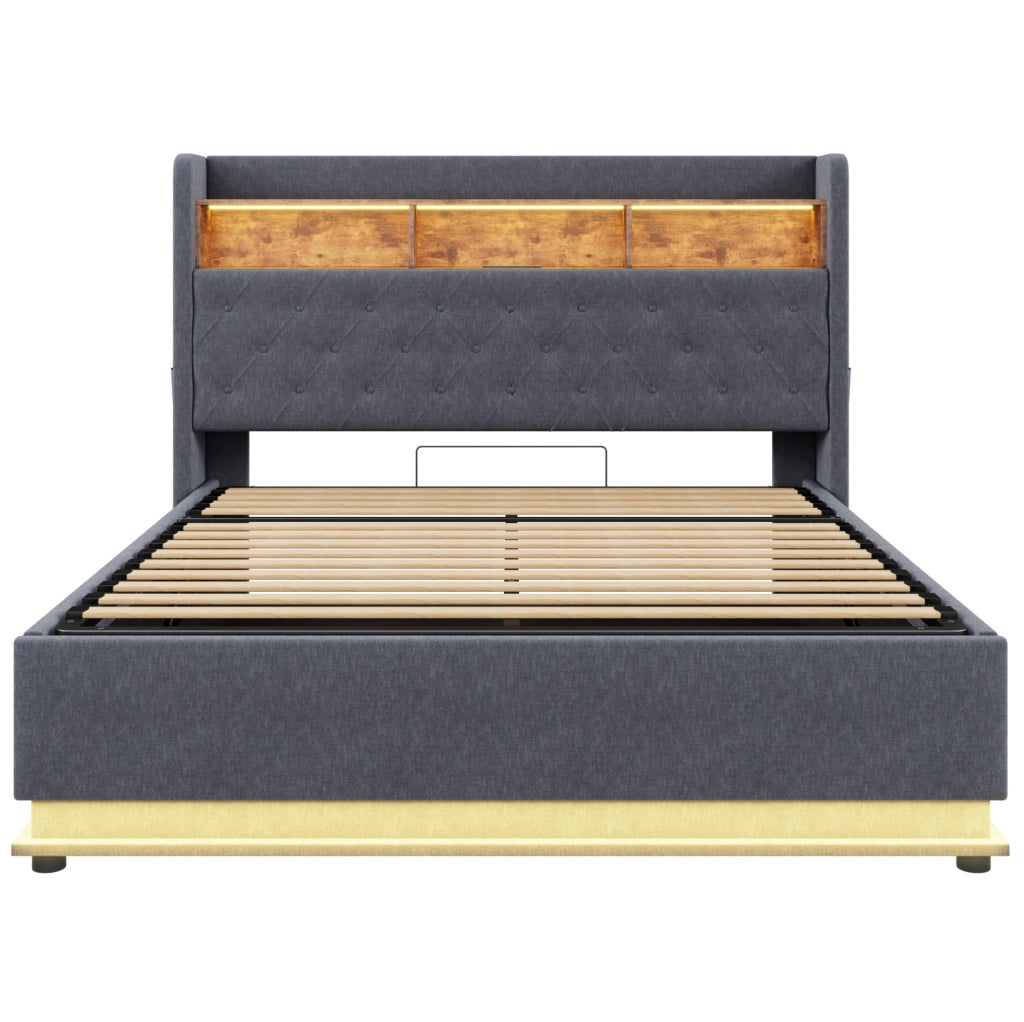 Letto imbottito 180x200 cm con LED multicolore, USB e contenitore grigio