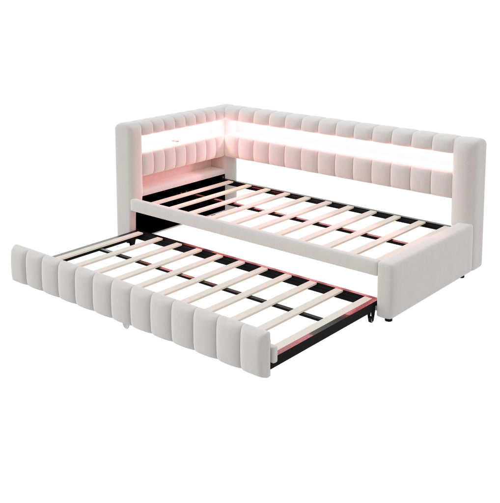 Divano letto estraibile 90x200 cm con LED e USB-C beige
