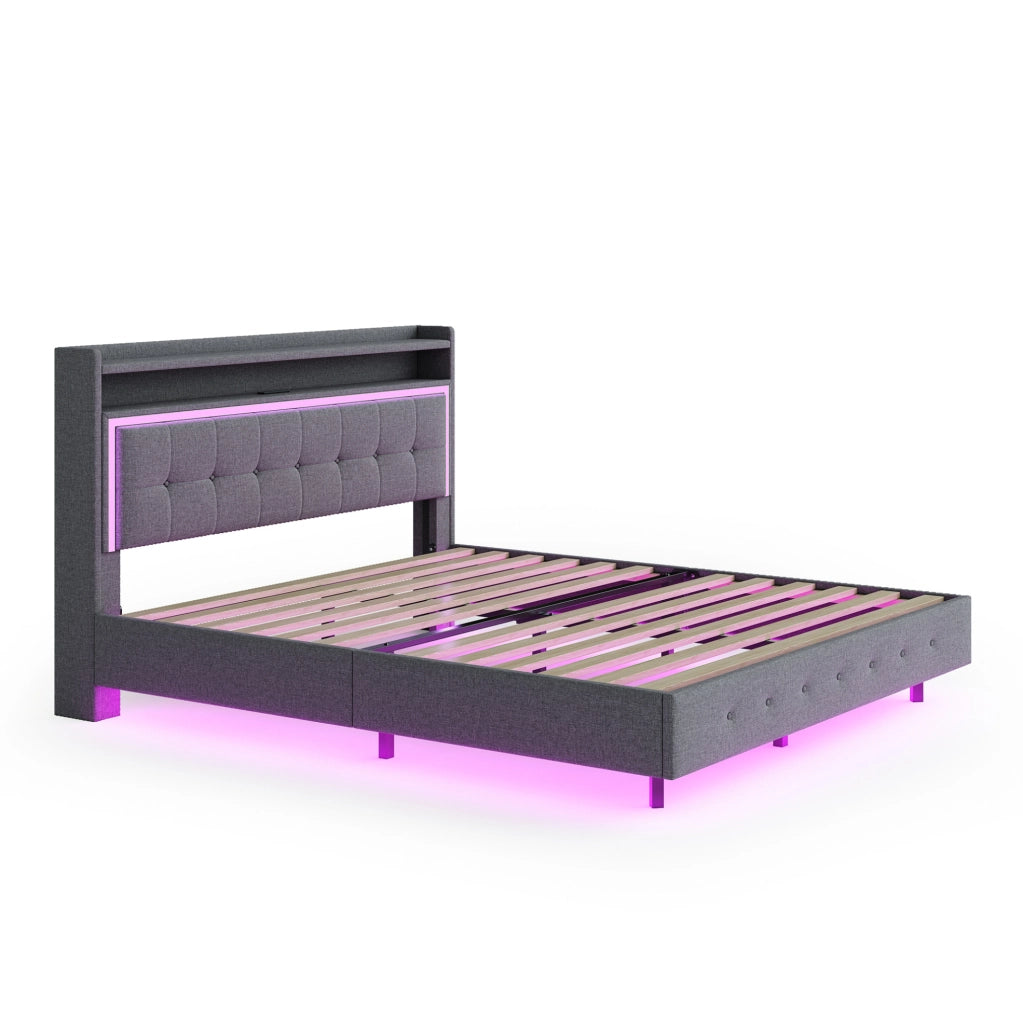 Letto imbottito matrimoniale 140x200 cm con USB e LED; grigio in tessuto effetto lino