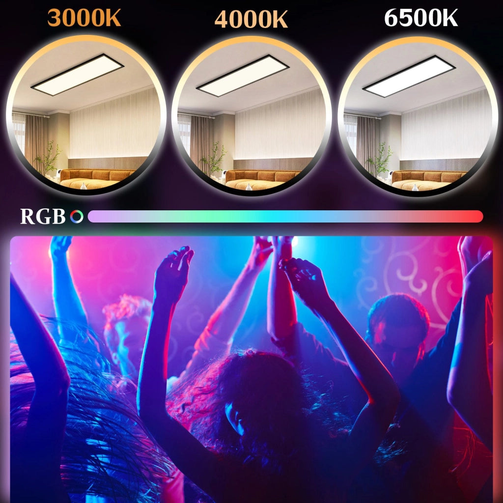 ZMH Plafoniera LED 120x30 cm Dimmabile RGB Cambio Colore da Soffitto Piatto con Telecomando 39W Nero per Ufficio