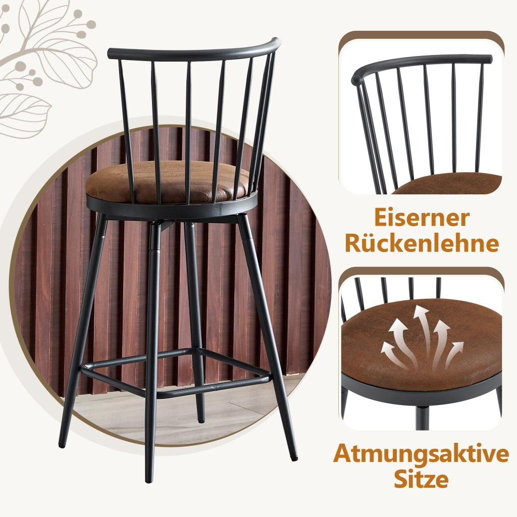 Sgabello da bar in metallo con schienale stile Windsor e seduta imbottita in tessuto marrone 73 × 45,5 × 45 cm