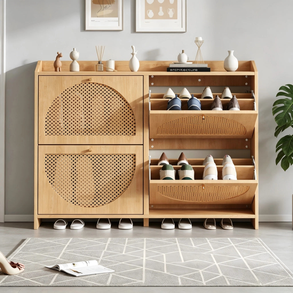 Scarpiera con 4 ante ribaltabili 8 vani e 2 ganci per ingresso in MDF finitura naturale moderna 120 × 24 × 90 cm
