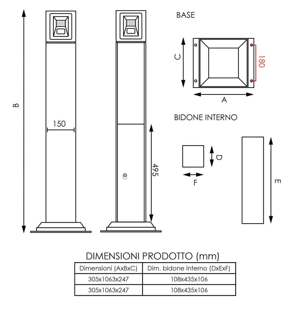 Posacenere a Colonna 30,5x106,3x24,7 cm in Metallo Nero Opaco 3L per Interno Esterno