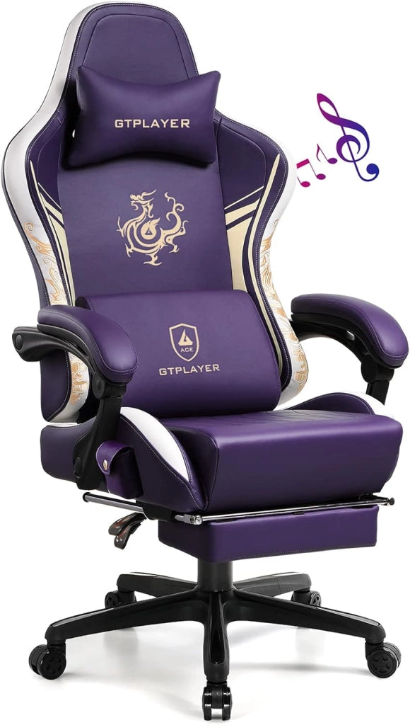 Sedia Gaming Ergonomica Poltrone con Altoparlanti Bluetooth e Poggiapiedi Sedia Gamer Reclinabile Serie Dragon Sedia Ufficio con Poggiatesta e Cuscino Lombare per Lavoro e Gioco Viola