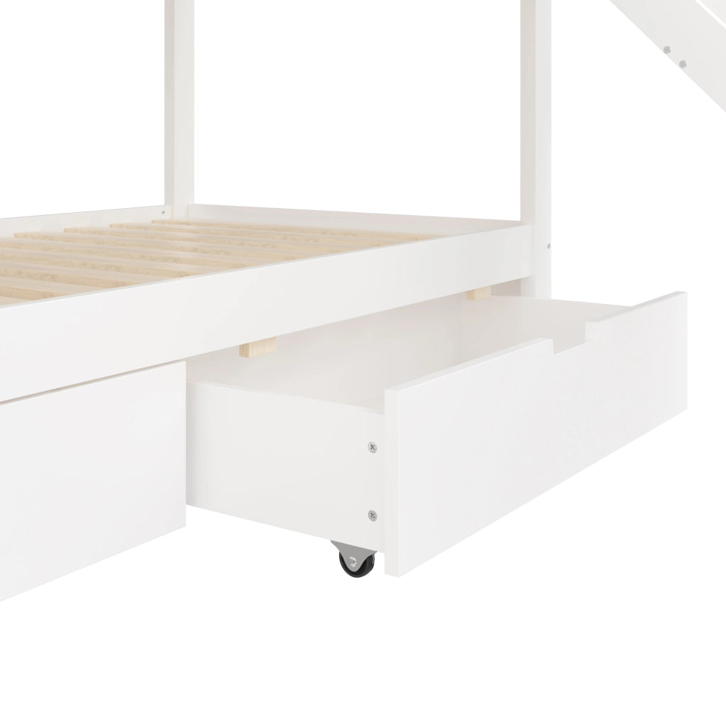 Letto a castello a casetta 90 x 200 cm con scivolo e 2 cassetti; bianco e naturale