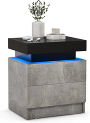 Tavolino da Salotto con 2 Cassetti e Luci a LED, Tavolino Moderno con Finitura Lucida Effetto Marmo, Comodino per Camera da Letto e Soggiorno, 45 x 35 x 52 cm (Grigio)