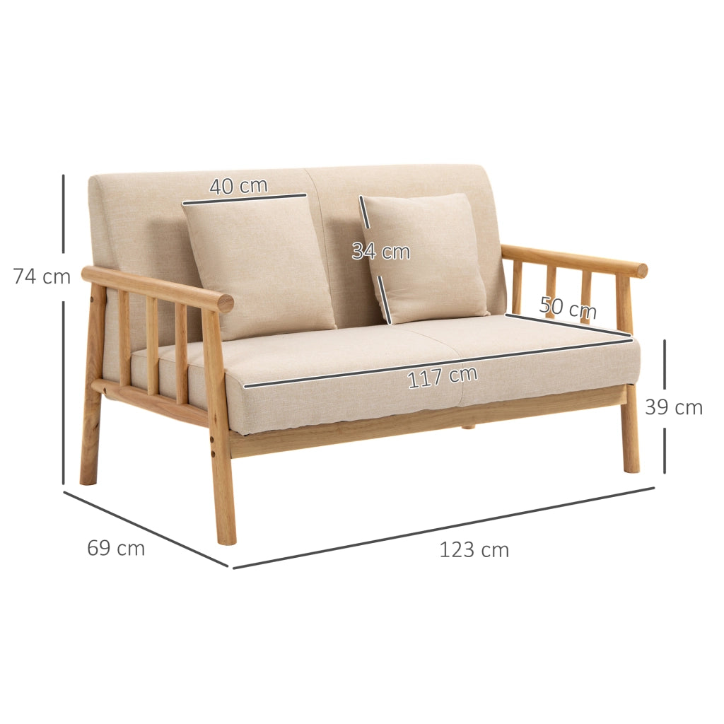 Divano a 2 posti con cuscini, struttura in legno massello e stile rustico, beige 123 × 69 × 74 cm