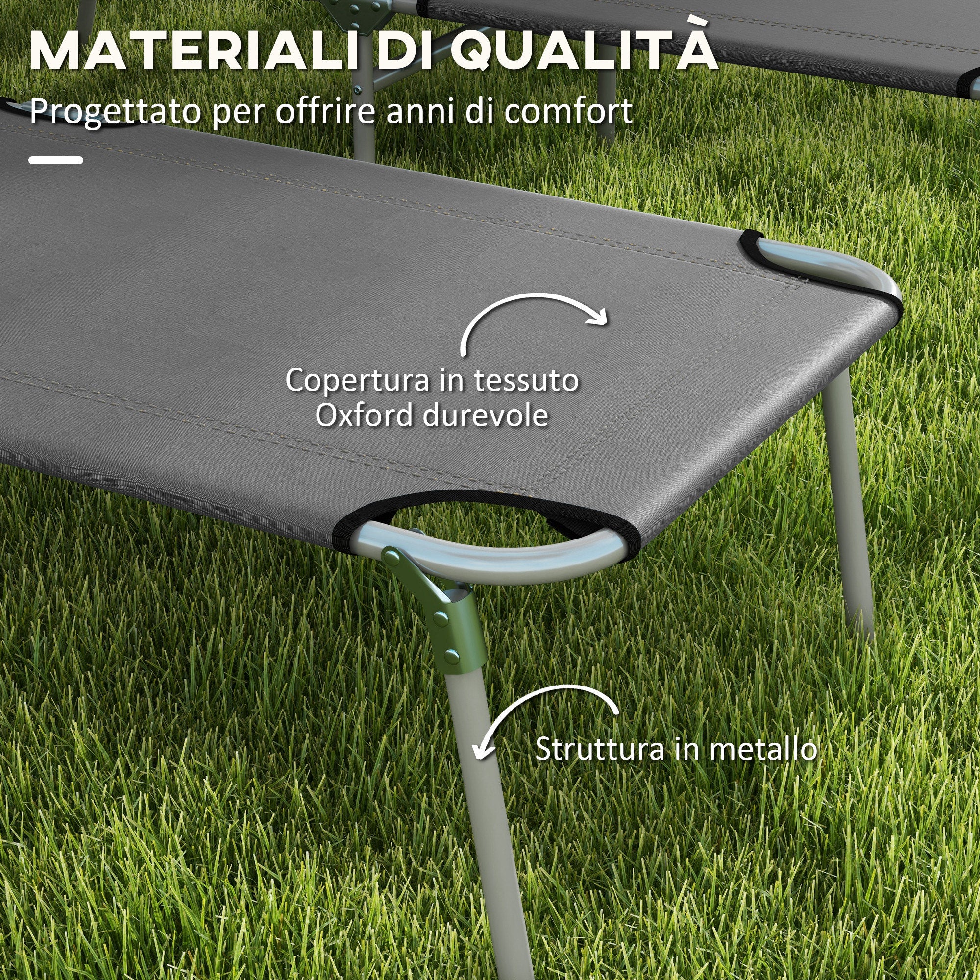 Set 2 Sdraio da Giardino 187x58x36 cm Pieghevoli con Tettuccio Regolabile in Tessuto Oxford e Metallo Grigio
