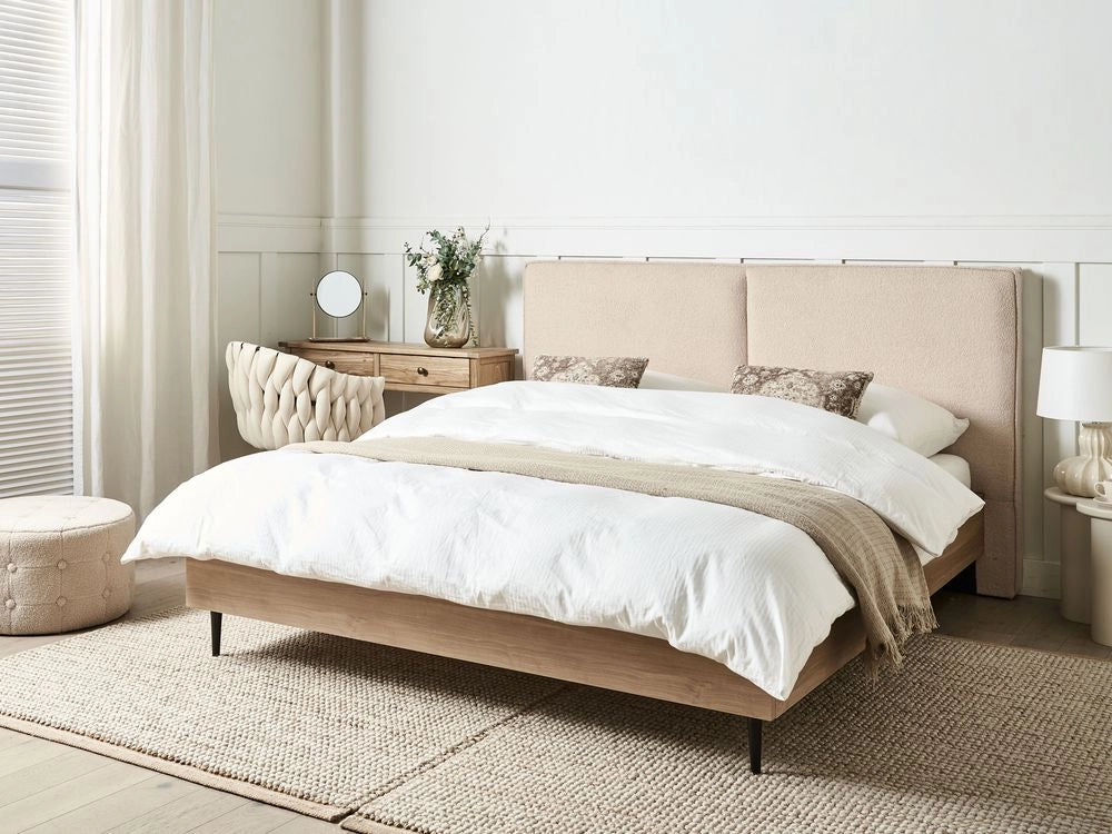 Letto matrimoniale in tessuto bouclè beige con testiera imbottita 160 x 200 cm stile moderno