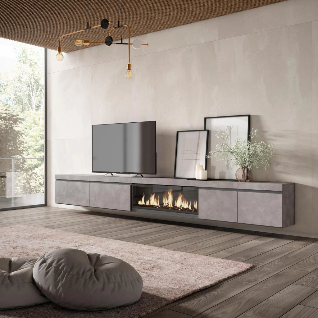 Mobile TV Soggiorno, 368x35x45, Camino elettrico XXL, da appendere, grigio cemento RF3679