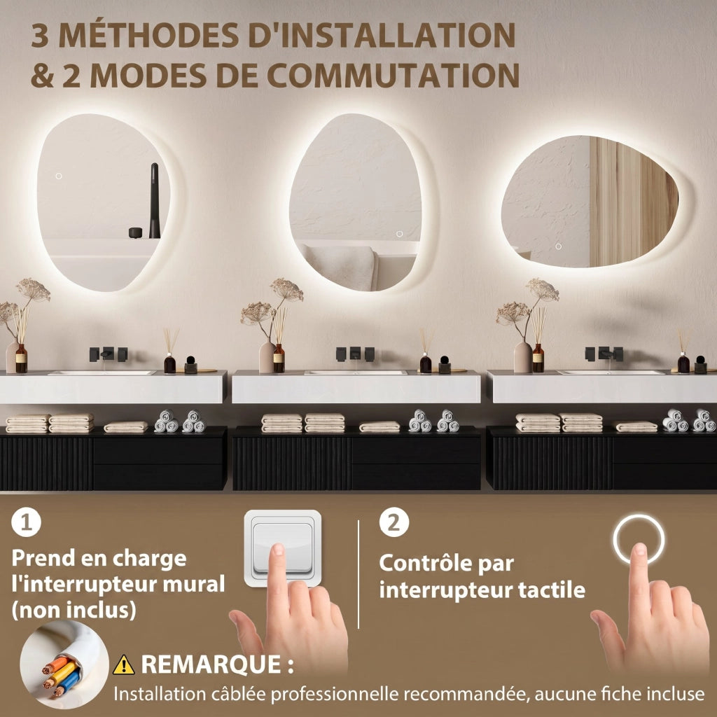 Specchio da Bagno Asimmetrico con LED ¨C zephmum ¨C Bianco, Antinebbia, Montaggio a Parete, 70x50 cm