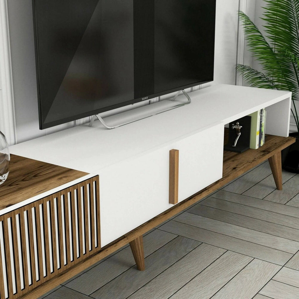 Parete attrezzata Ostro, Composizione soggiorno, Mobile salotto multiuso, Armadio porta TV, 180x35h40 cm, Noce e Bianco