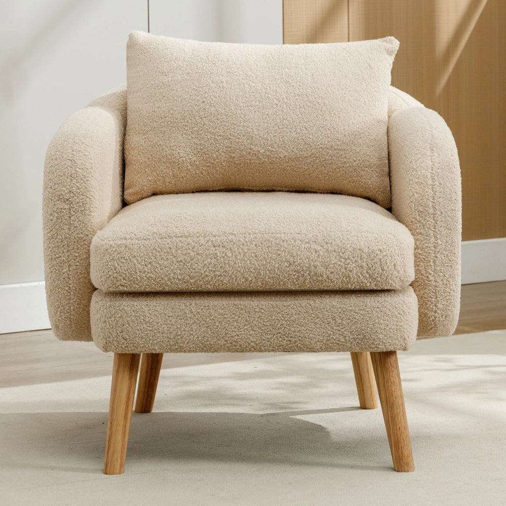 Poltrona in tessuto teddy con cuscino schienale sfoderabile, seduta spessa e base in legno massello per relax beige