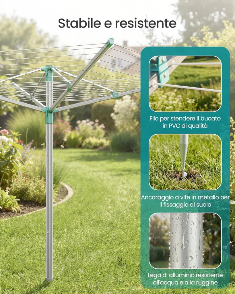 SONGMICS Stendibiancheria a Ombrello, Stendino da Esterno, Altezza Regolabile, Lega di Alluminio, Ancoraggio al Suolo, con Copertura, Clip, Argento e Verde, 50 m di Filo, per 5 Lavaggi LLR301E01V1
