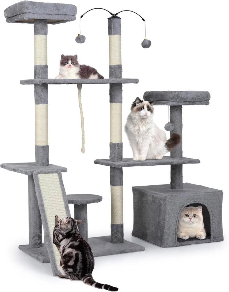 Albero per Gatti Alto 136 cm, Tiragraffi per Gatti da Interno con Tiragraffi, Rampa, 2 Posatoi Imbottiti, Ampio Condo, Palline Pendenti, Corda Appesa e Piattaforma Multilivello (Grigio Chiaro)