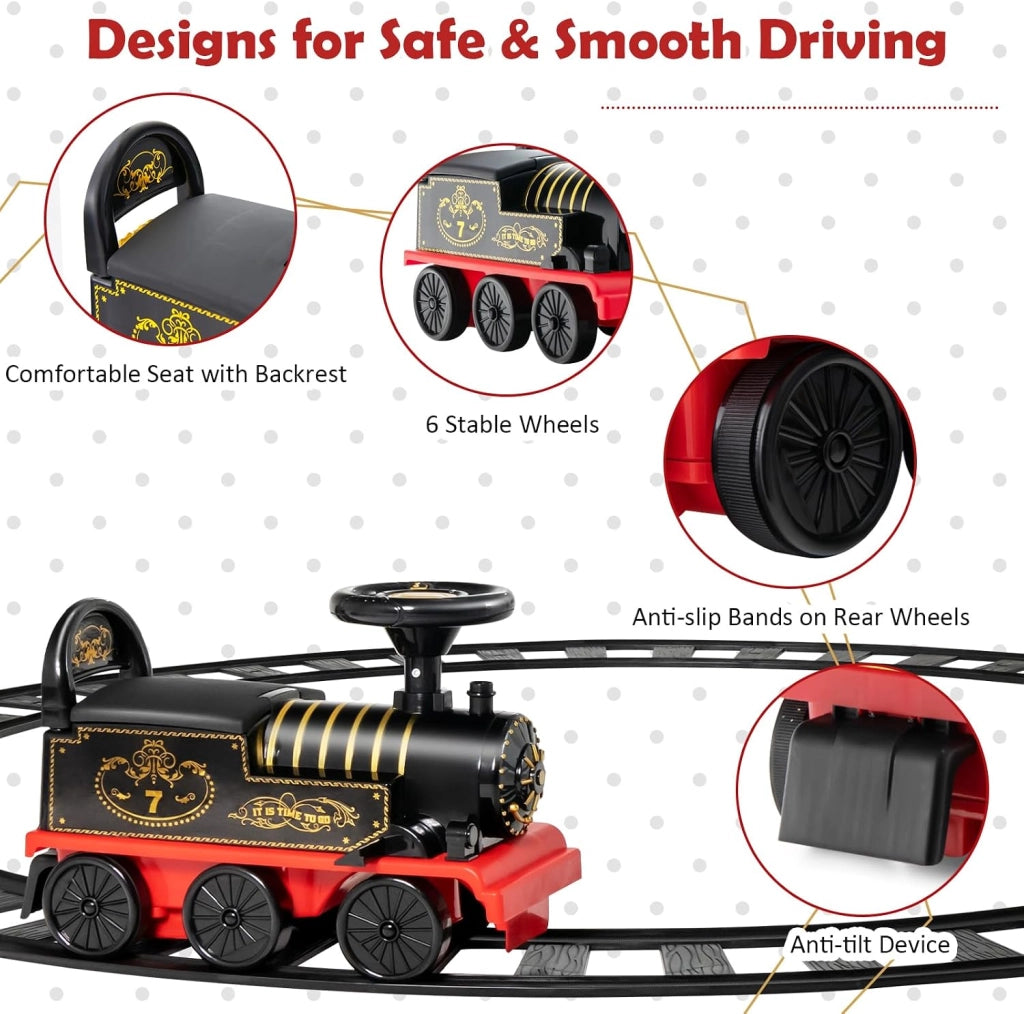 Treno elettrico per bambini, auto per bambini con musica e luci, guida realistica con pista in PP, spazio nascosto, carico 25 kg, per ragazzi e ragazze 3 anni + (nero+rosso)