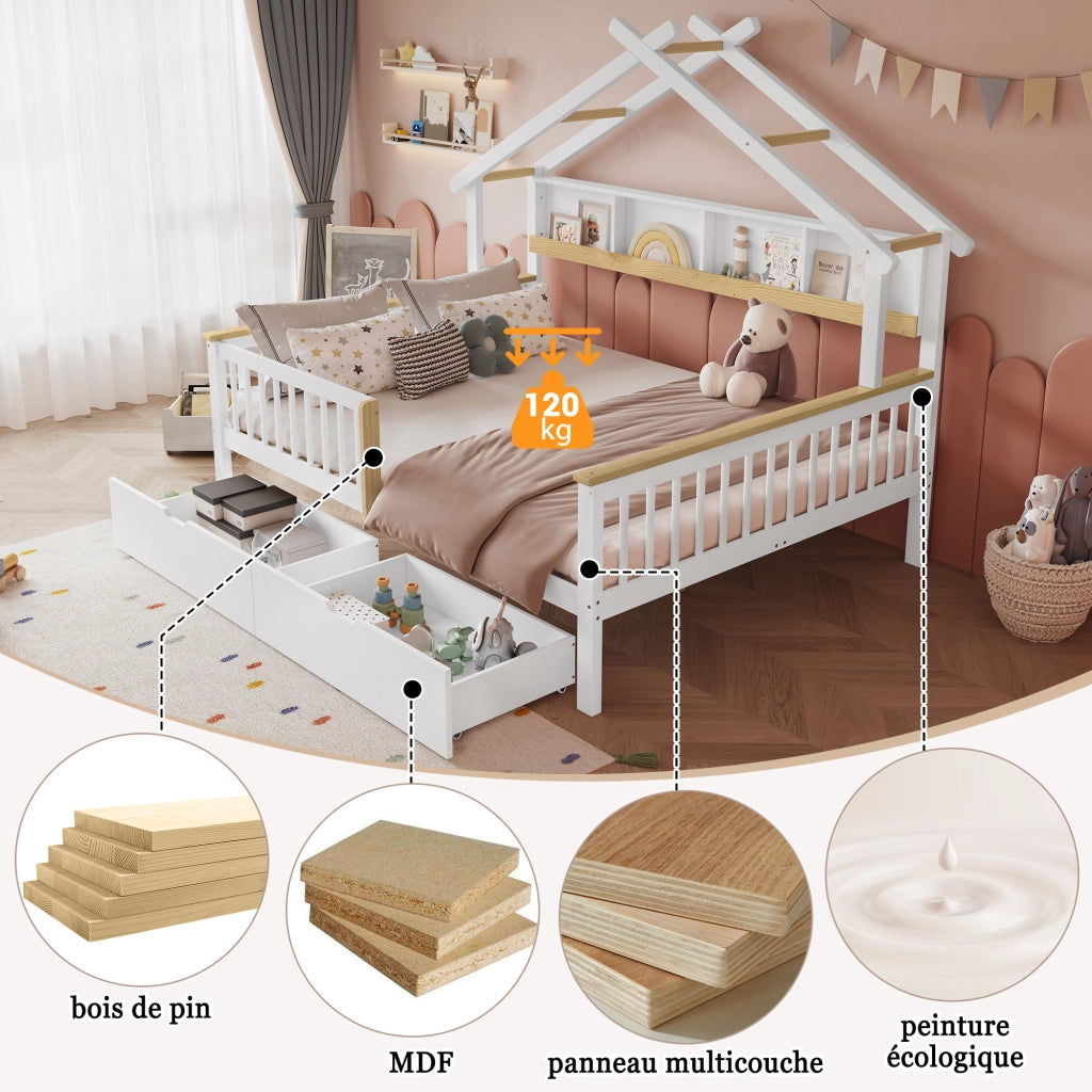 Letto Casetta 140 x 200 cm; Letto Matrimoniale - Sponde; 2 Cassetti - Bianco e Naturale