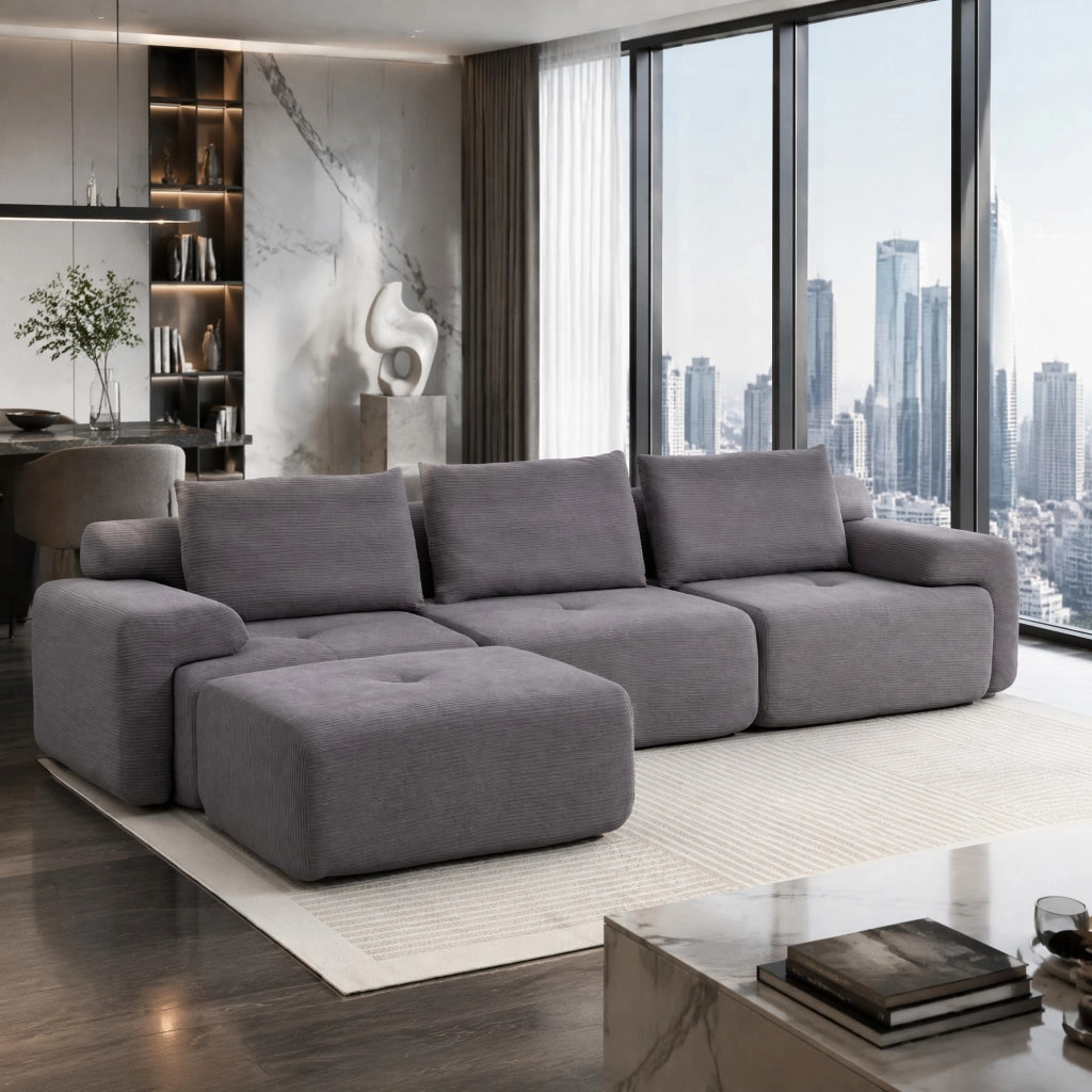 Divano angolare modulare - con chaise longue e seduta profonda - in tessuto grigio scuro