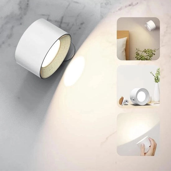 Lampada da lettura LED, lampada da parete, 3 livelli di temperatura di colore e 3 livelli di luminosità, batteria ricaricabile, interruttore a tocco, palla magnetica 360°, adatta per camera da studio, comodino, camera da letto, bianca
