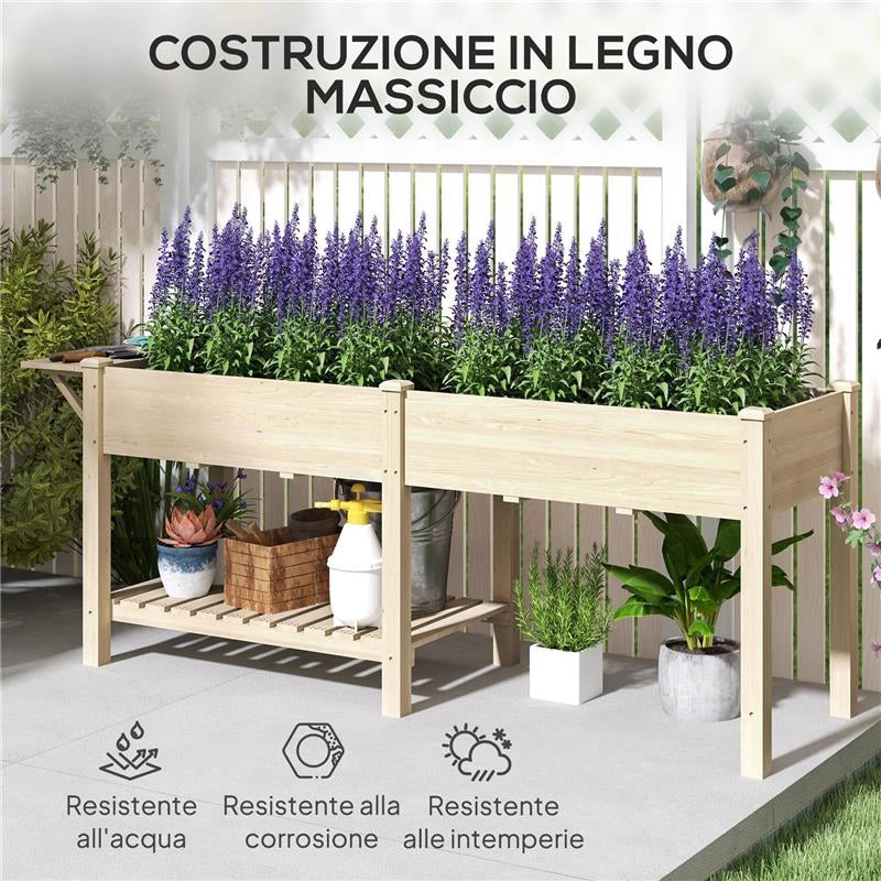 FIORIERA RIALZATA CON TAVOLINO LATERALE E RIPIANO PORTA ATTREZZI INFERIORE IN LEGNO DI ABETE 207X59X78 CM