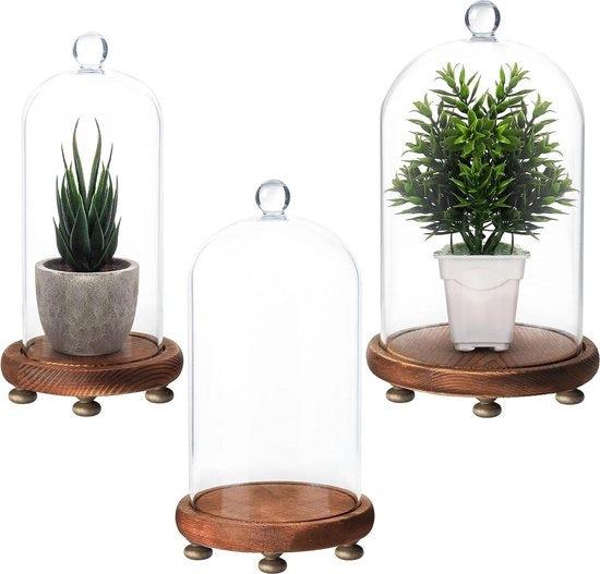 Set di Tre Vasi in Vetro con Base in Legno - Display per Tavolo Decorativo - Dimensioni Piccole, Medie e Grandi - In Vetro Trasparente - Scatole per Decorazioni di Luce e Ornamenti Antichi