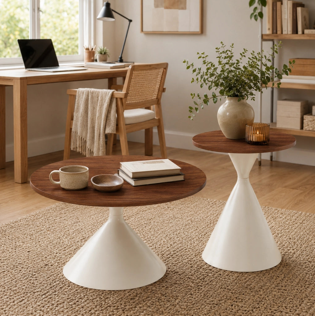 Set di 2 tavolini rotondi ?70x40 e ?50x50 cm in MDF effetto noce e metallo crema