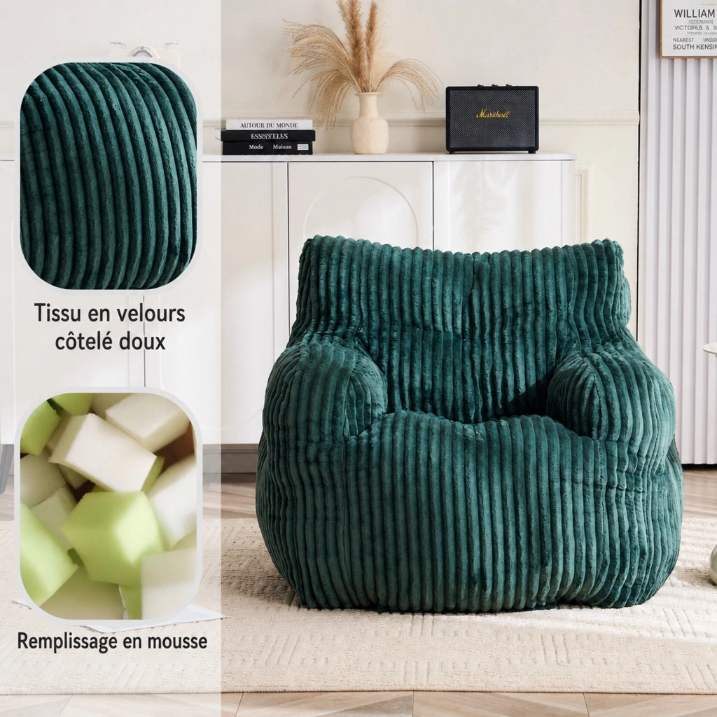 Fauteuil pouf in velluto a coste con imbottitura in fiocchi di memory foam per interni, verde 100 × 94 × 70 cm