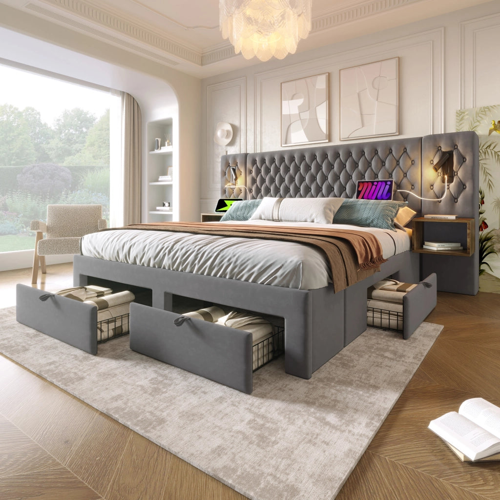 Letto matrimoniale 180 × 200 cm con 2 comodini, 4 cassetti, lampada da lettura e USB, senza materasso, velluto grigio