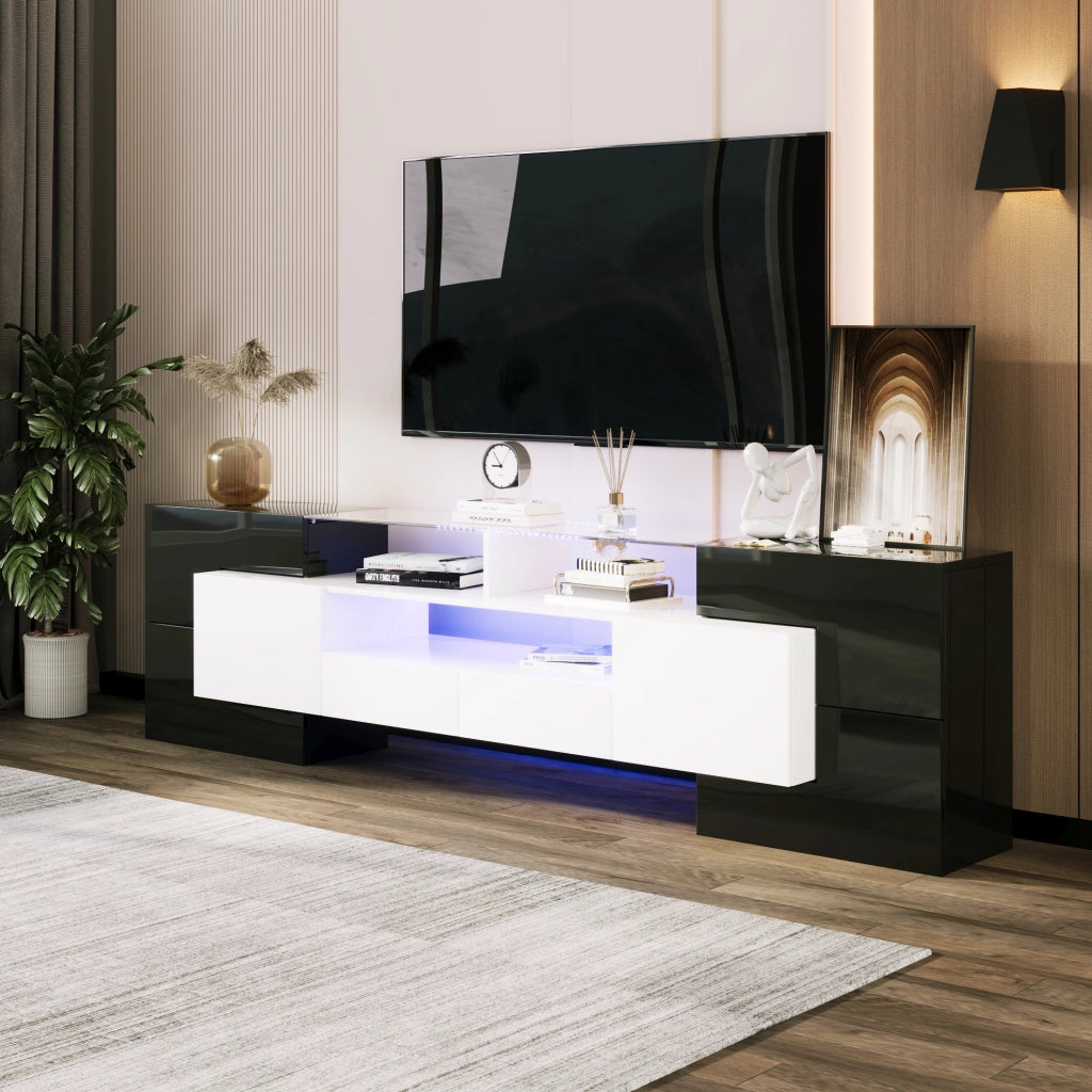 Mobile TV con LED multicolore, 4 ante e 2 cassetti, nero e bianco, 200 cm