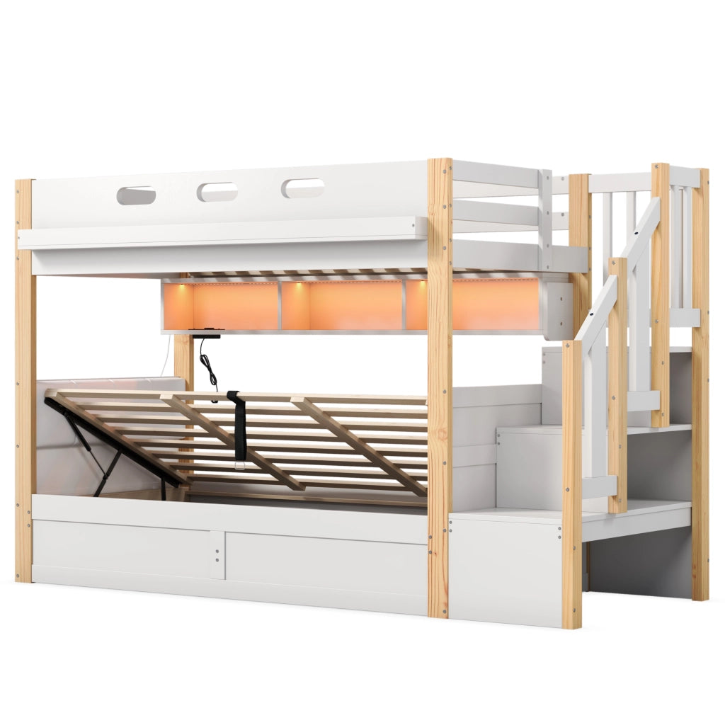 Letto a castello in legno massiccio 90x200 cm con scala contenitore, LED, USB e testiera imbottita, bianco