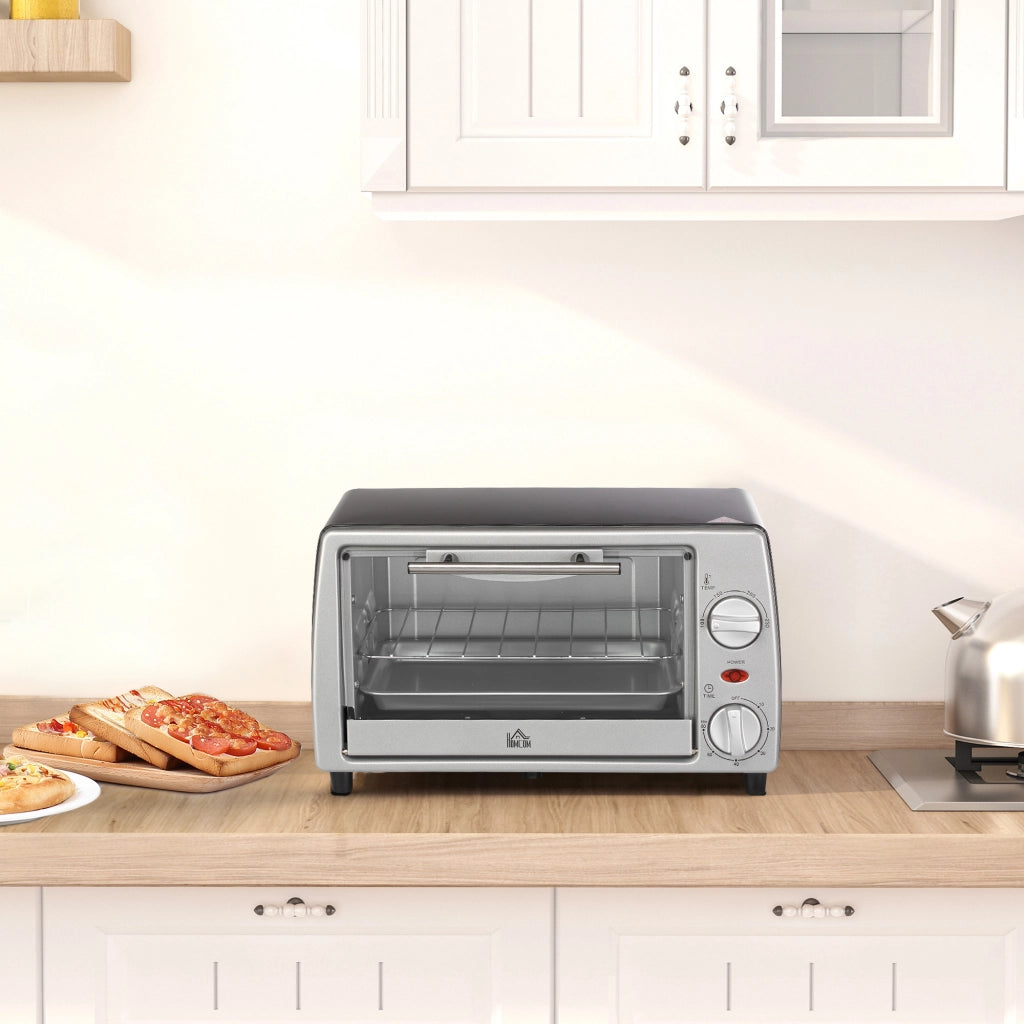 EasyComfort Fornetto Elettrico 10L Temperatura Regolabile e Timer, Griglia e Teglia Incluse, 750W, 36.5x26x22cm, Argento Nero