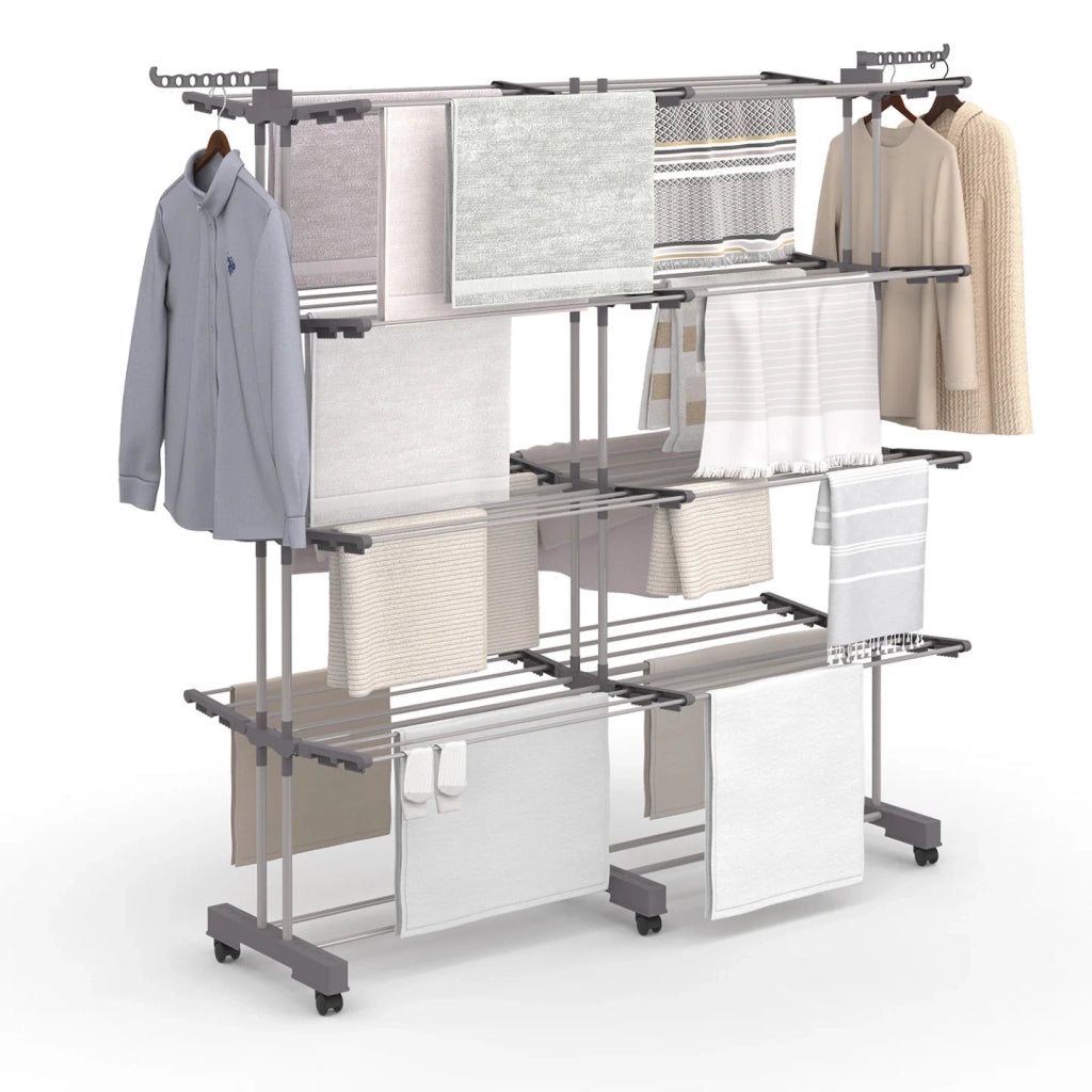 IDMarket - Asciugabiancheria verticale pieghevole e allungabile 4 livelli MAXI capacità 50M acciaio inox e grigio