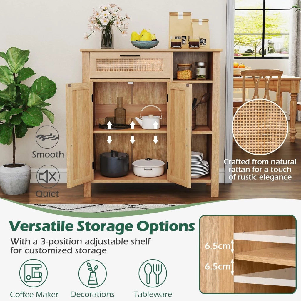 Credenza Cucina con 2 Ante in Rattan, Mobile Buffet con Cassetto, Scomparti Aperti, Mensola Regolabile, Mobile Cucina Dispensa in Legno, per Soggiorno, Sala da Pranzo, 75x30x80cm, Naturale