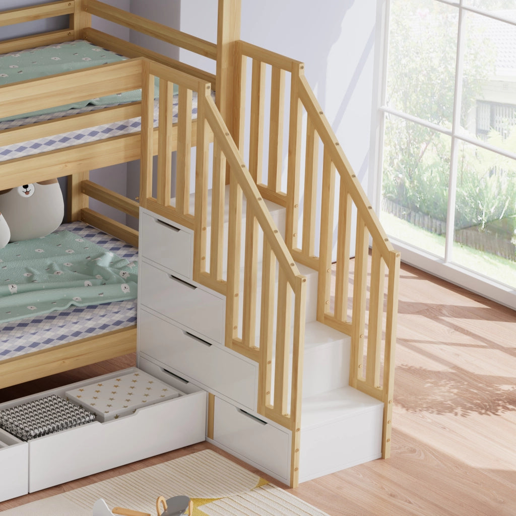 Letto a castello 90x200 cm con cassetti e scala di sicurezza in legno e MDF bianco e naturale